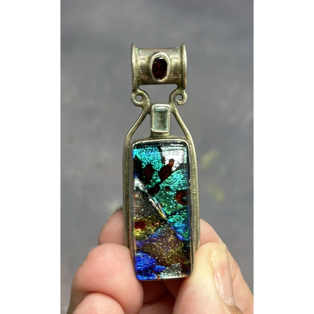 Dichroic Glass Pendant Sterling Silver Blue Green Cabochon With Gem Accents